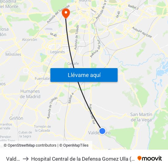 Valdemoro to Hospital Central de la Defensa Gomez Ulla (Hosp. Ctl. de la Defensa Gómez Ulla) map