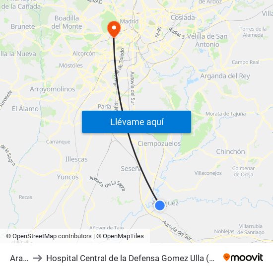Aranjuez to Hospital Central de la Defensa Gomez Ulla (Hosp. Ctl. de la Defensa Gómez Ulla) map