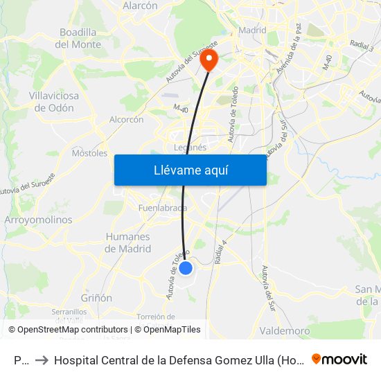 Parla to Hospital Central de la Defensa Gomez Ulla (Hosp. Ctl. de la Defensa Gómez Ulla) map