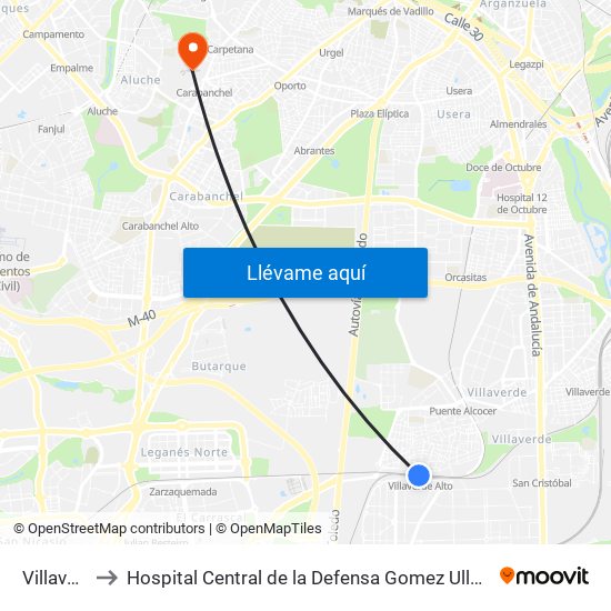 Villaverde Alto to Hospital Central de la Defensa Gomez Ulla (Hosp. Ctl. de la Defensa Gómez Ulla) map