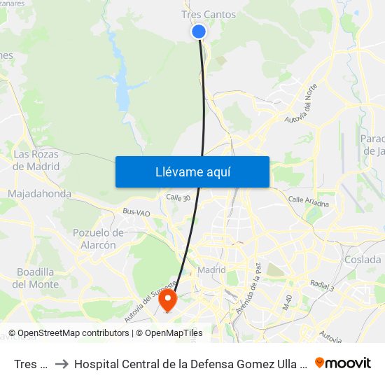 Tres Cantos to Hospital Central de la Defensa Gomez Ulla (Hosp. Ctl. de la Defensa Gómez Ulla) map