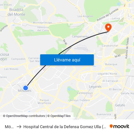 Móstoles to Hospital Central de la Defensa Gomez Ulla (Hosp. Ctl. de la Defensa Gómez Ulla) map