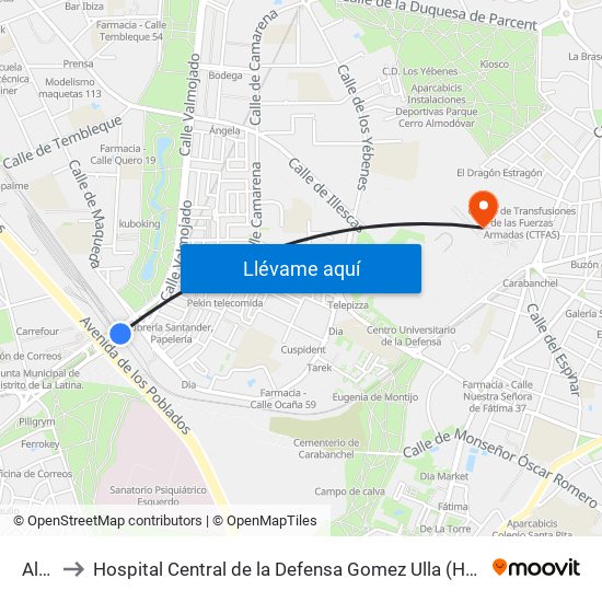 Aluche to Hospital Central de la Defensa Gomez Ulla (Hosp. Ctl. de la Defensa Gómez Ulla) map