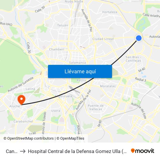 Canillejas to Hospital Central de la Defensa Gomez Ulla (Hosp. Ctl. de la Defensa Gómez Ulla) map