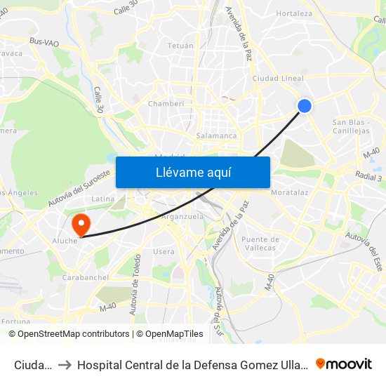 Ciudad Lineal to Hospital Central de la Defensa Gomez Ulla (Hosp. Ctl. de la Defensa Gómez Ulla) map