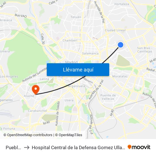 Pueblo Nuevo to Hospital Central de la Defensa Gomez Ulla (Hosp. Ctl. de la Defensa Gómez Ulla) map