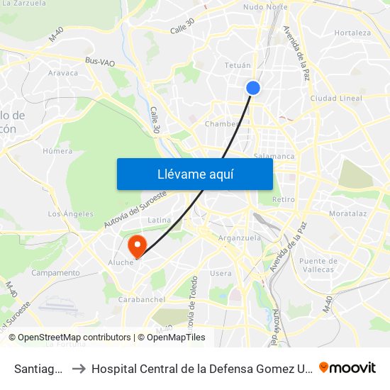 Santiago Bernabéu to Hospital Central de la Defensa Gomez Ulla (Hosp. Ctl. de la Defensa Gómez Ulla) map