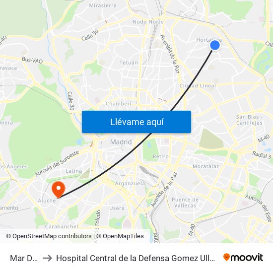 Mar De Cristal to Hospital Central de la Defensa Gomez Ulla (Hosp. Ctl. de la Defensa Gómez Ulla) map