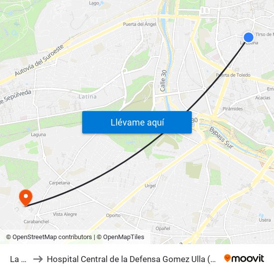 La Latina to Hospital Central de la Defensa Gomez Ulla (Hosp. Ctl. de la Defensa Gómez Ulla) map