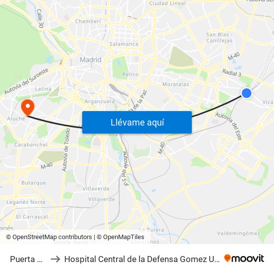 Puerta De Arganda to Hospital Central de la Defensa Gomez Ulla (Hosp. Ctl. de la Defensa Gómez Ulla) map