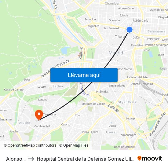 Alonso Martínez to Hospital Central de la Defensa Gomez Ulla (Hosp. Ctl. de la Defensa Gómez Ulla) map