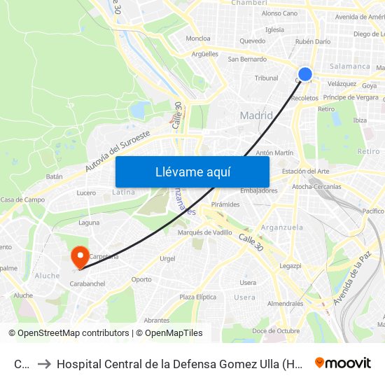 Colón to Hospital Central de la Defensa Gomez Ulla (Hosp. Ctl. de la Defensa Gómez Ulla) map