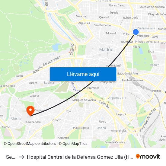 Serrano to Hospital Central de la Defensa Gomez Ulla (Hosp. Ctl. de la Defensa Gómez Ulla) map