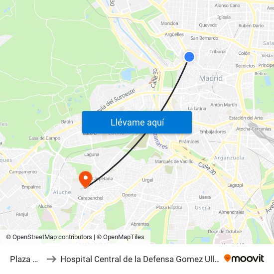 Plaza De España to Hospital Central de la Defensa Gomez Ulla (Hosp. Ctl. de la Defensa Gómez Ulla) map