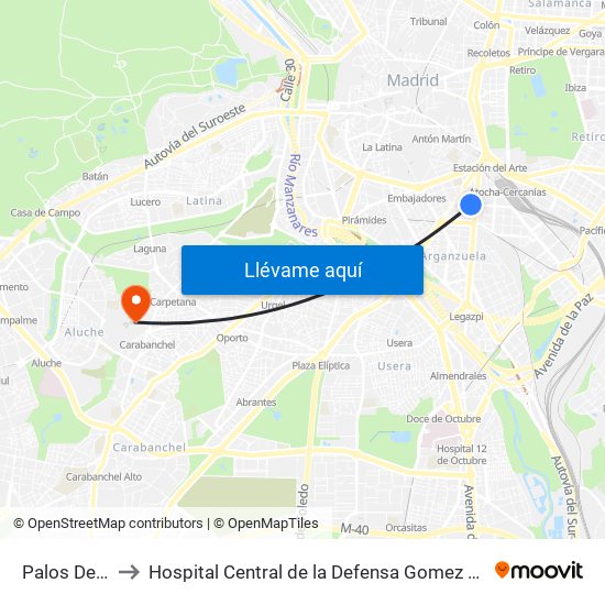 Palos De La Frontera to Hospital Central de la Defensa Gomez Ulla (Hosp. Ctl. de la Defensa Gómez Ulla) map