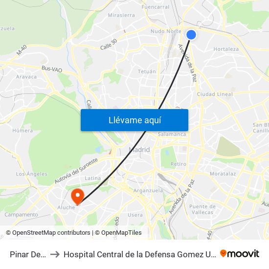 Pinar De Chamartín to Hospital Central de la Defensa Gomez Ulla (Hosp. Ctl. de la Defensa Gómez Ulla) map