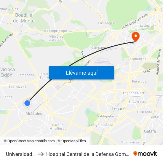 Universidad Rey Juan Carlos to Hospital Central de la Defensa Gomez Ulla (Hosp. Ctl. de la Defensa Gómez Ulla) map