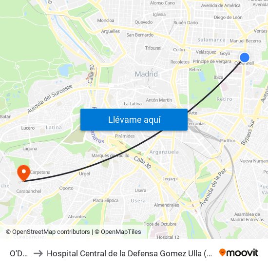 O'Donnell to Hospital Central de la Defensa Gomez Ulla (Hosp. Ctl. de la Defensa Gómez Ulla) map