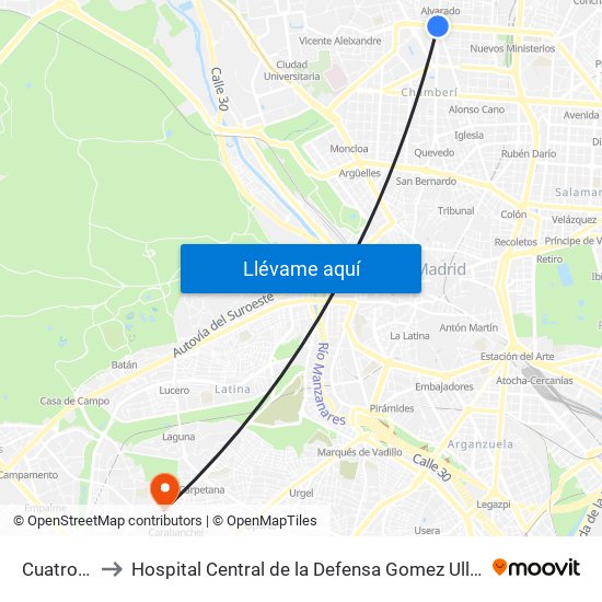 Cuatro Caminos to Hospital Central de la Defensa Gomez Ulla (Hosp. Ctl. de la Defensa Gómez Ulla) map