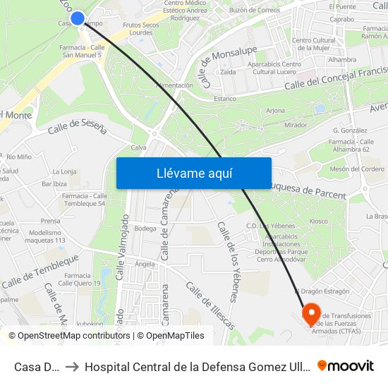 Casa De Campo to Hospital Central de la Defensa Gomez Ulla (Hosp. Ctl. de la Defensa Gómez Ulla) map