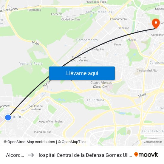 Alcorcón Central to Hospital Central de la Defensa Gomez Ulla (Hosp. Ctl. de la Defensa Gómez Ulla) map