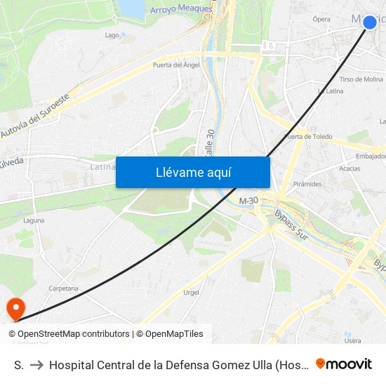 Sol to Hospital Central de la Defensa Gomez Ulla (Hosp. Ctl. de la Defensa Gómez Ulla) map