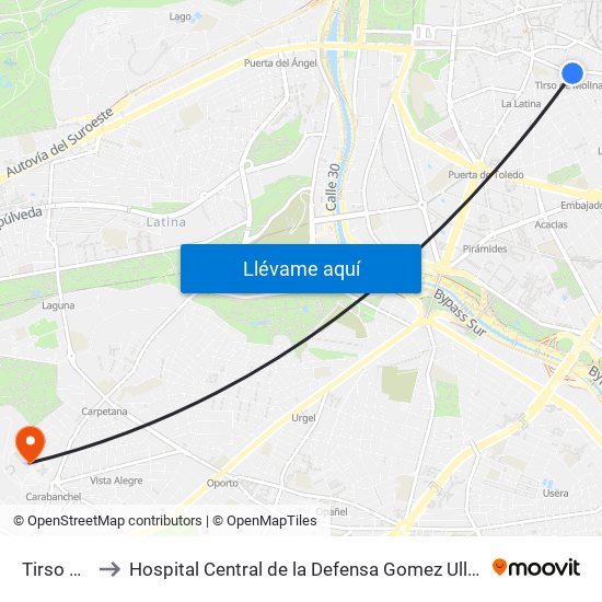 Tirso De Molina to Hospital Central de la Defensa Gomez Ulla (Hosp. Ctl. de la Defensa Gómez Ulla) map