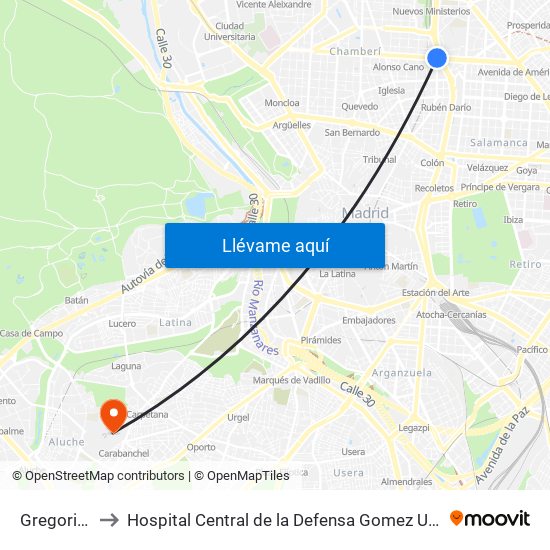 Gregorio Marañón to Hospital Central de la Defensa Gomez Ulla (Hosp. Ctl. de la Defensa Gómez Ulla) map