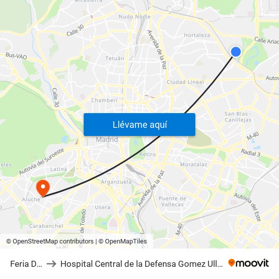 Feria De Madrid to Hospital Central de la Defensa Gomez Ulla (Hosp. Ctl. de la Defensa Gómez Ulla) map