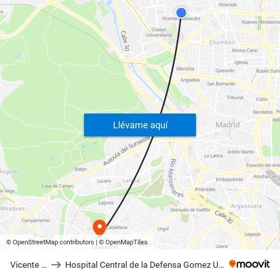 Vicente Aleixandre to Hospital Central de la Defensa Gomez Ulla (Hosp. Ctl. de la Defensa Gómez Ulla) map