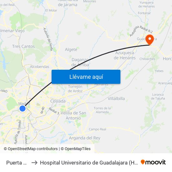 Puerta De Toledo to Hospital Universitario de Guadalajara (Hosp. Universitario de Guadalajara) map