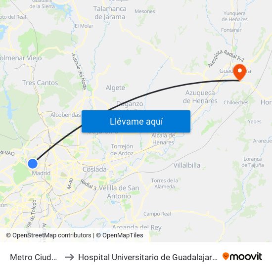 Metro Ciudad Universitaria to Hospital Universitario de Guadalajara (Hosp. Universitario de Guadalajara) map