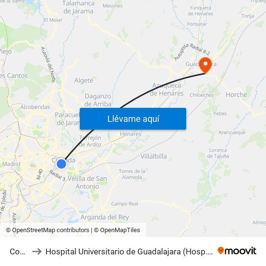 Coslada to Hospital Universitario de Guadalajara (Hosp. Universitario de Guadalajara) map