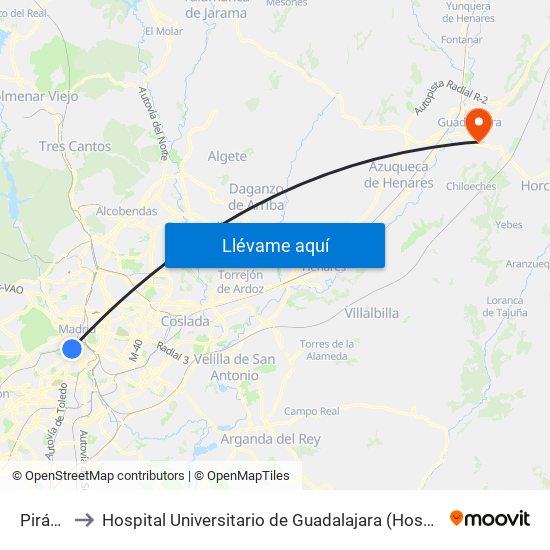 Pirámides to Hospital Universitario de Guadalajara (Hosp. Universitario de Guadalajara) map