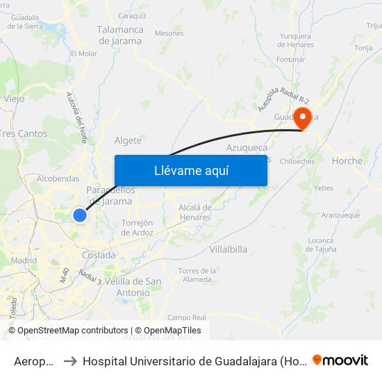 Aeropuerto T4 to Hospital Universitario de Guadalajara (Hosp. Universitario de Guadalajara) map