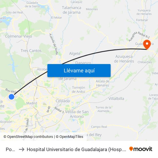 Pozuelo to Hospital Universitario de Guadalajara (Hosp. Universitario de Guadalajara) map