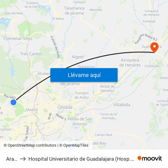 Aravaca to Hospital Universitario de Guadalajara (Hosp. Universitario de Guadalajara) map
