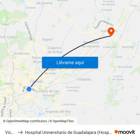 Vicálvaro to Hospital Universitario de Guadalajara (Hosp. Universitario de Guadalajara) map