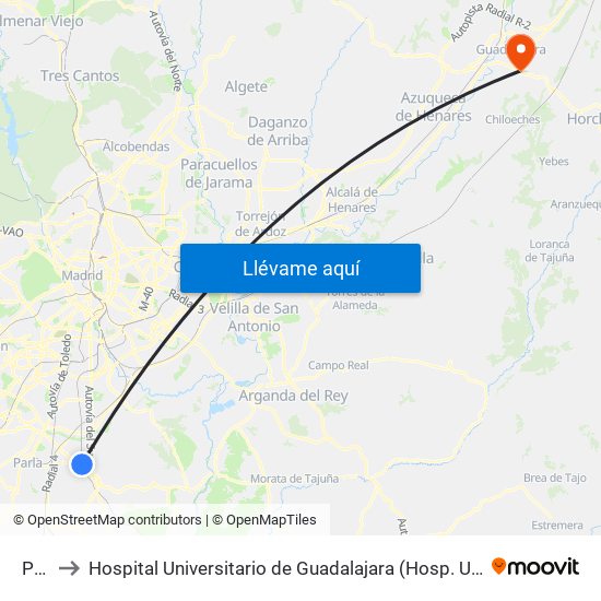 Pinto to Hospital Universitario de Guadalajara (Hosp. Universitario de Guadalajara) map