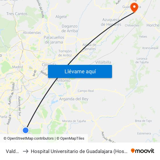 Valdemoro to Hospital Universitario de Guadalajara (Hosp. Universitario de Guadalajara) map