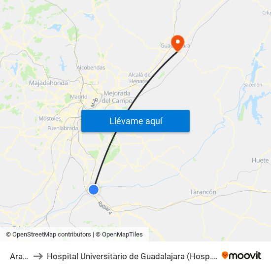 Aranjuez to Hospital Universitario de Guadalajara (Hosp. Universitario de Guadalajara) map