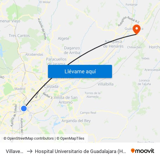 Villaverde Bajo to Hospital Universitario de Guadalajara (Hosp. Universitario de Guadalajara) map