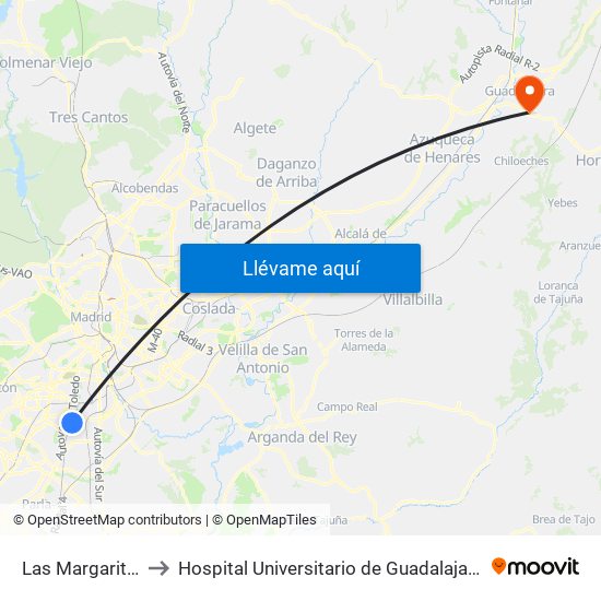 Las Margaritas - Universidad to Hospital Universitario de Guadalajara (Hosp. Universitario de Guadalajara) map
