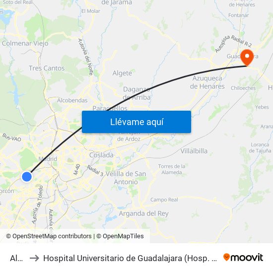 Aluche to Hospital Universitario de Guadalajara (Hosp. Universitario de Guadalajara) map