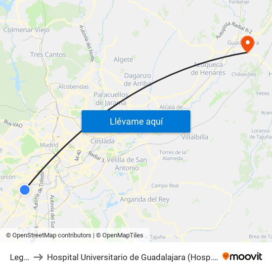 Leganés to Hospital Universitario de Guadalajara (Hosp. Universitario de Guadalajara) map