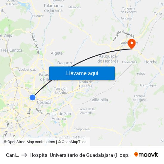 Canillejas to Hospital Universitario de Guadalajara (Hosp. Universitario de Guadalajara) map