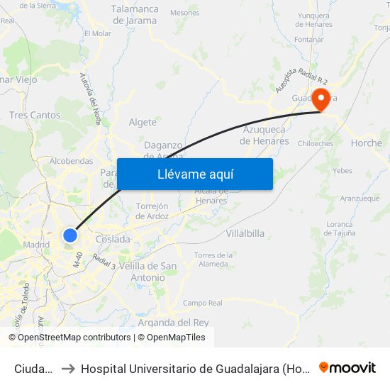 Ciudad Lineal to Hospital Universitario de Guadalajara (Hosp. Universitario de Guadalajara) map