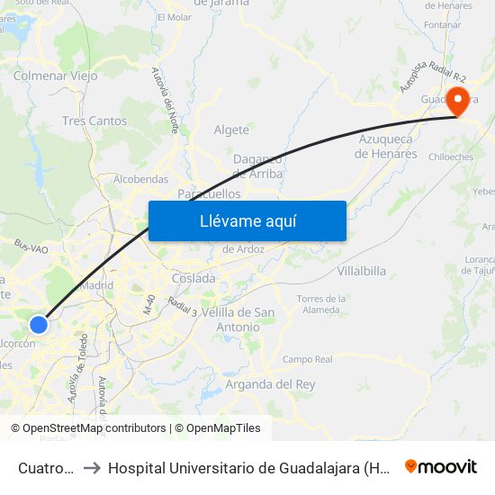 Cuatro Vientos to Hospital Universitario de Guadalajara (Hosp. Universitario de Guadalajara) map