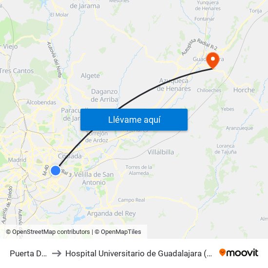 Puerta De Arganda to Hospital Universitario de Guadalajara (Hosp. Universitario de Guadalajara) map