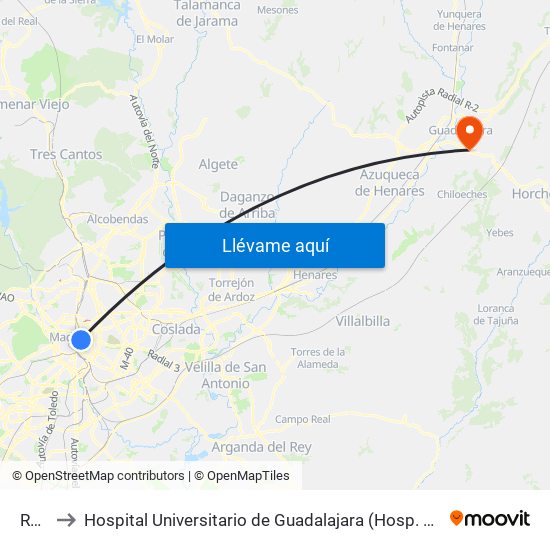 Retiro to Hospital Universitario de Guadalajara (Hosp. Universitario de Guadalajara) map